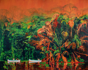 Two white canoes float past a giant King Palm tree. The jungle recedes into the background as shimmering reflections come forward at the bottom. There is a lush tropical feeling to this painting and an air of mystery that lies just below the surface.