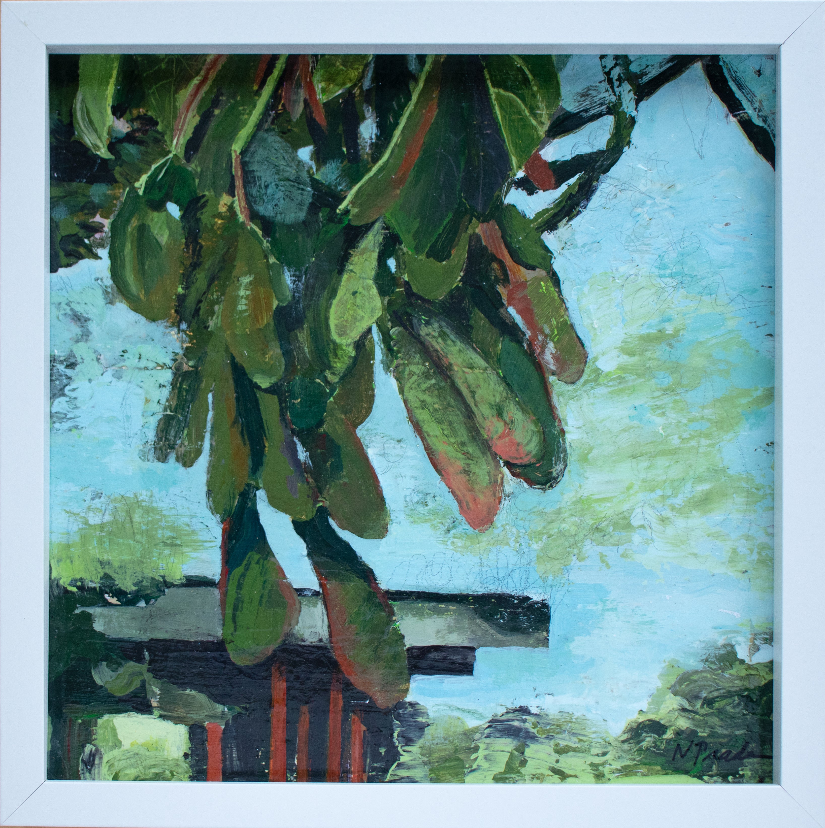 A painting of sycamore leaves dangling from a branch overhead with blue sky in the background. The marks and textures are lively and give a feeling of breeze on a spring day.
