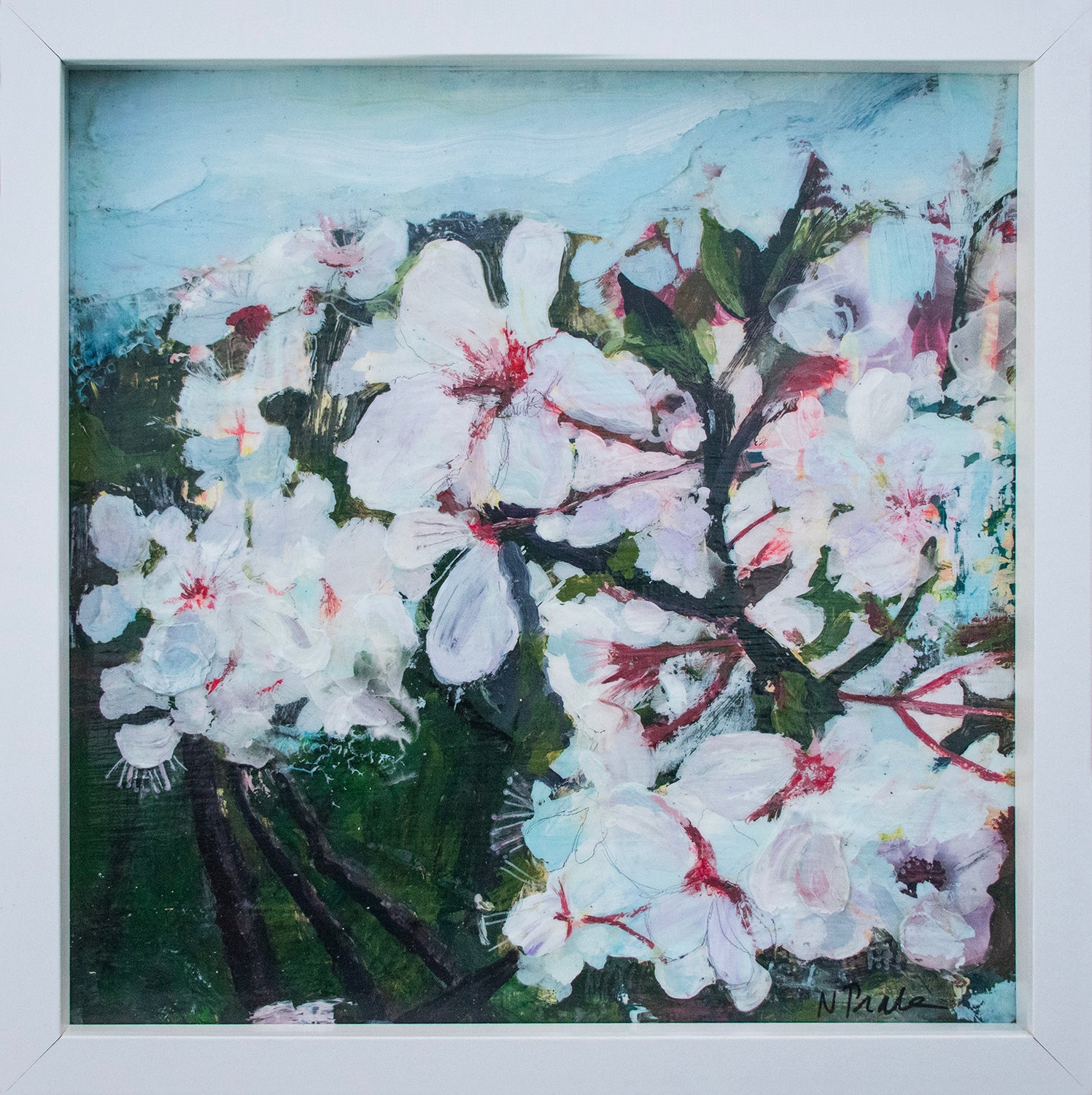 A lively and expressive painting of wild plum blossoms. The petals are shades of white and delicate pinks and lavender. There are bright red centres inside the blossoms. It exudes the joy and energy of springtime.